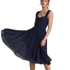 Polo Ralph Lauren Sleeveless Kim Chiffon Cocktail Dress - Navy Polka Dot Sz 18